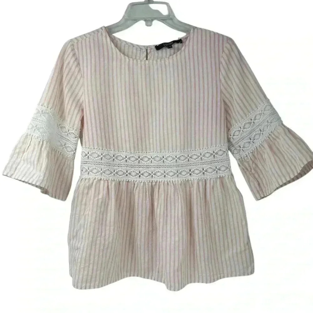 Lipslide Women's S Pink Striped Peasant Lace Top 3/4 Sleeve‎ Lace Detail